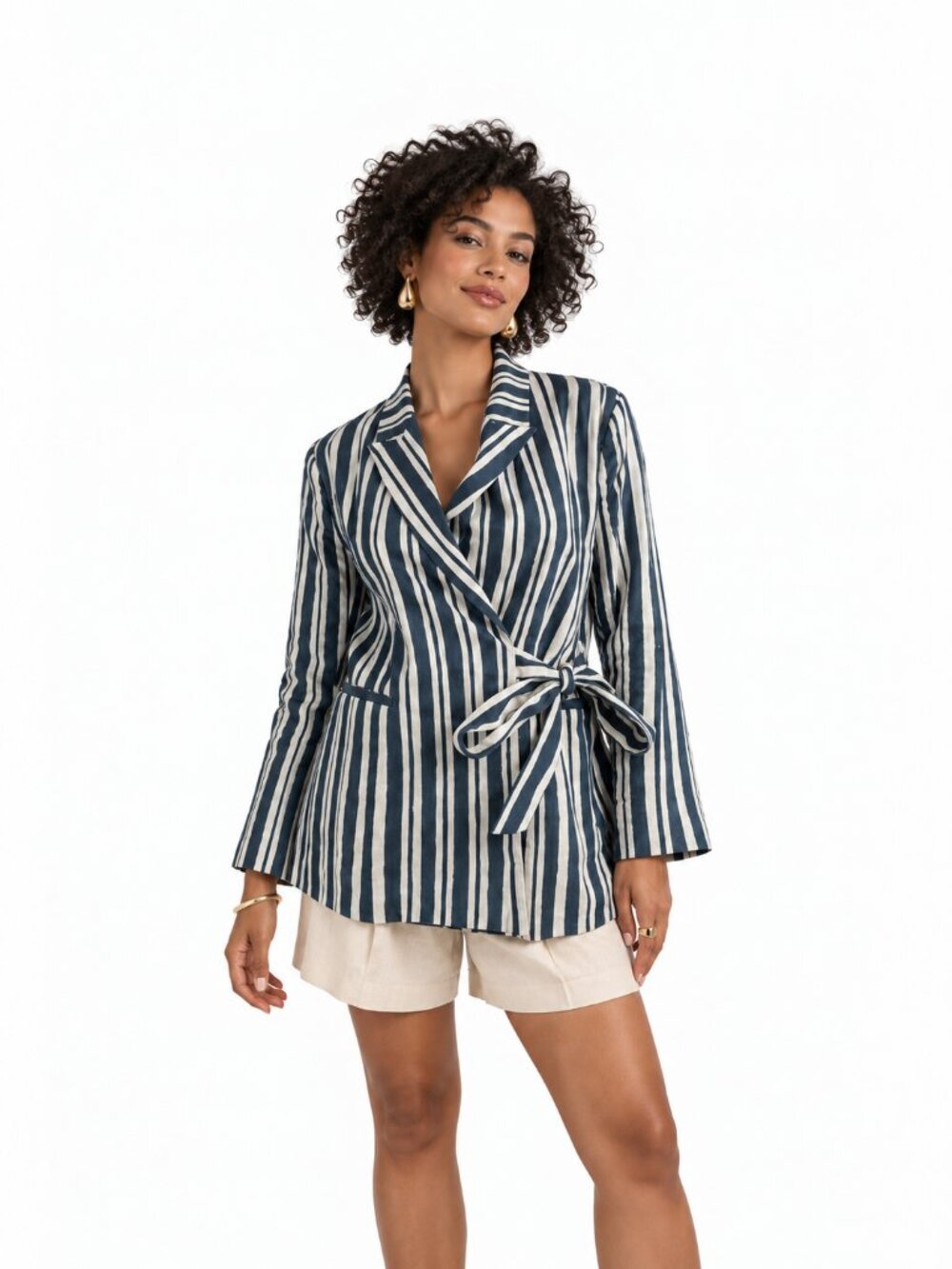 SIMONMILLER Lennox Oversized Linen Wrap Blazer Navy Cream Stripe Size S